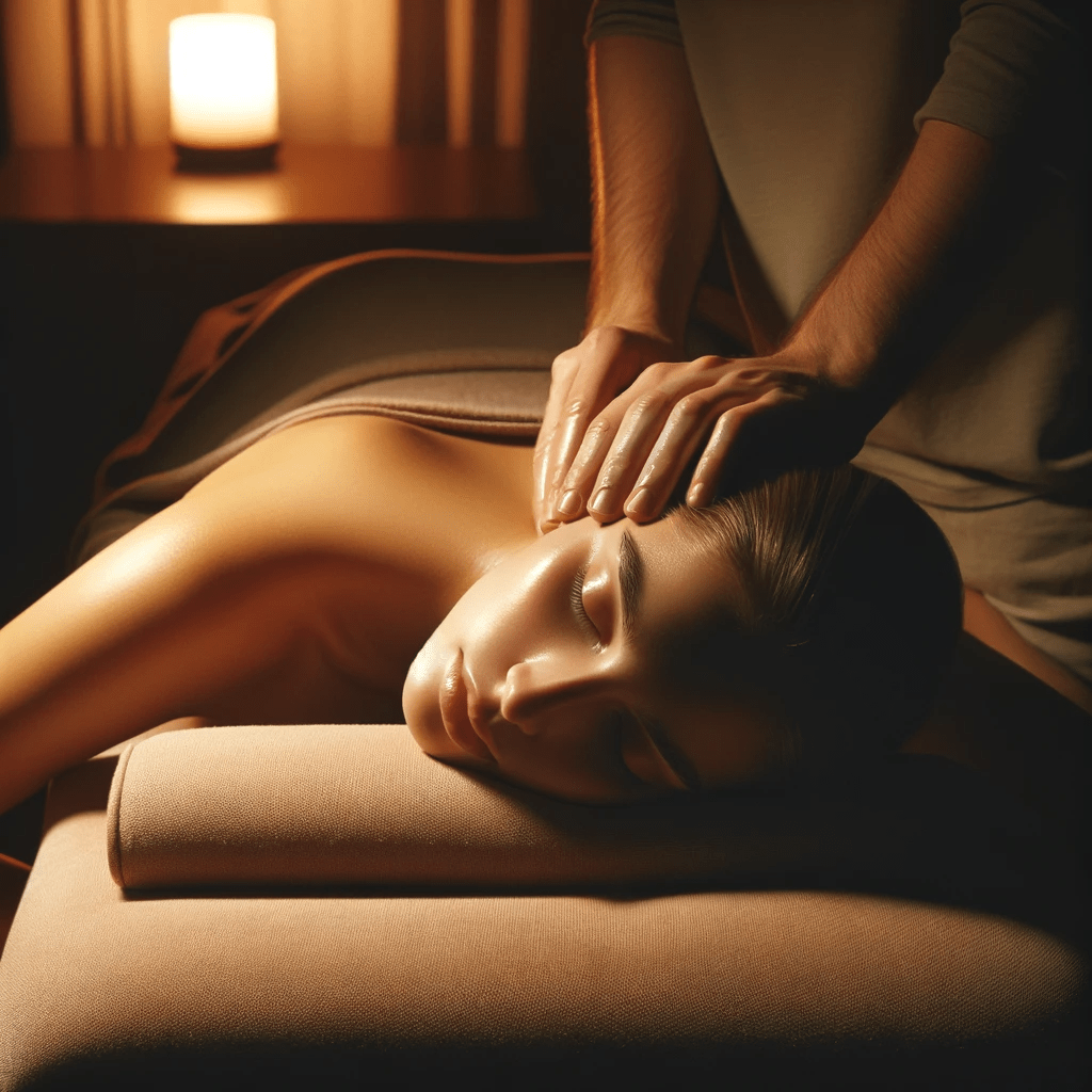 Photo_ A serene and dimly lit massage room, inviting a sense of relaxation and sleep readiness. A person lies face up on a massage table, eyes closed