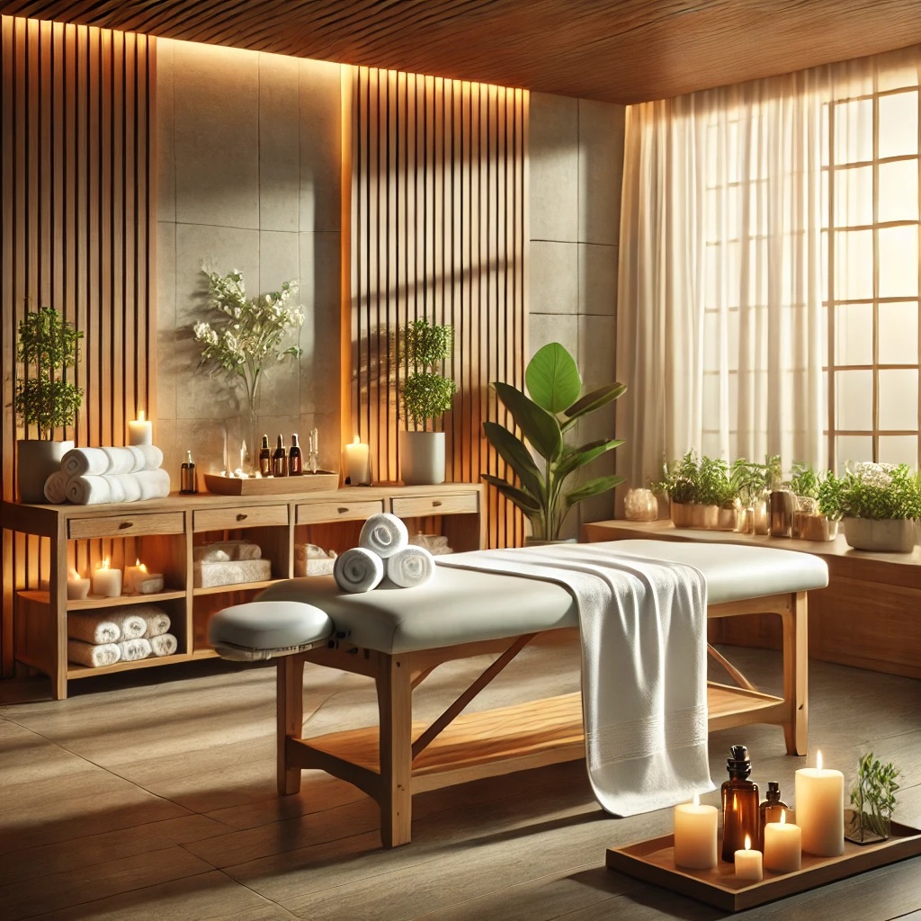A serene spa environment with soft, natural lighting, wooden accents, and calming green plants. The setting includes a massage table.