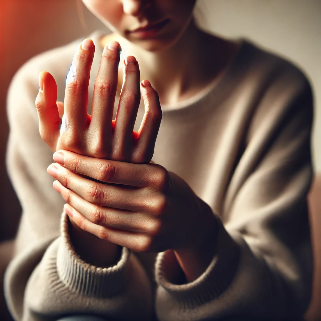 A person with visible signs of arthritis in their hands, gently holding their painful joints. The person is seated, looking slightly down.