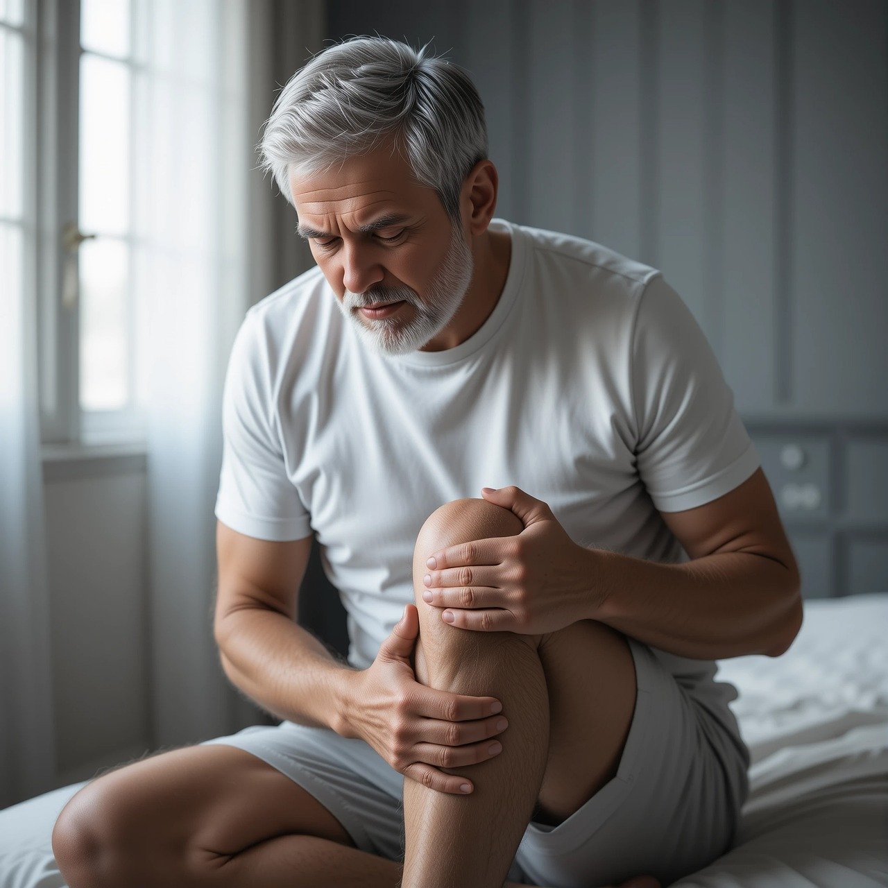 A senior man with grey hair, wearing a t-shirt and light shorts, sitting on a bed or soft surface and clutching his right knee with both hands with a pained expression.