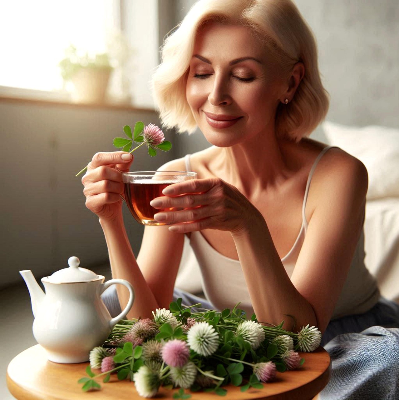 An older woman drinking herbal tea.