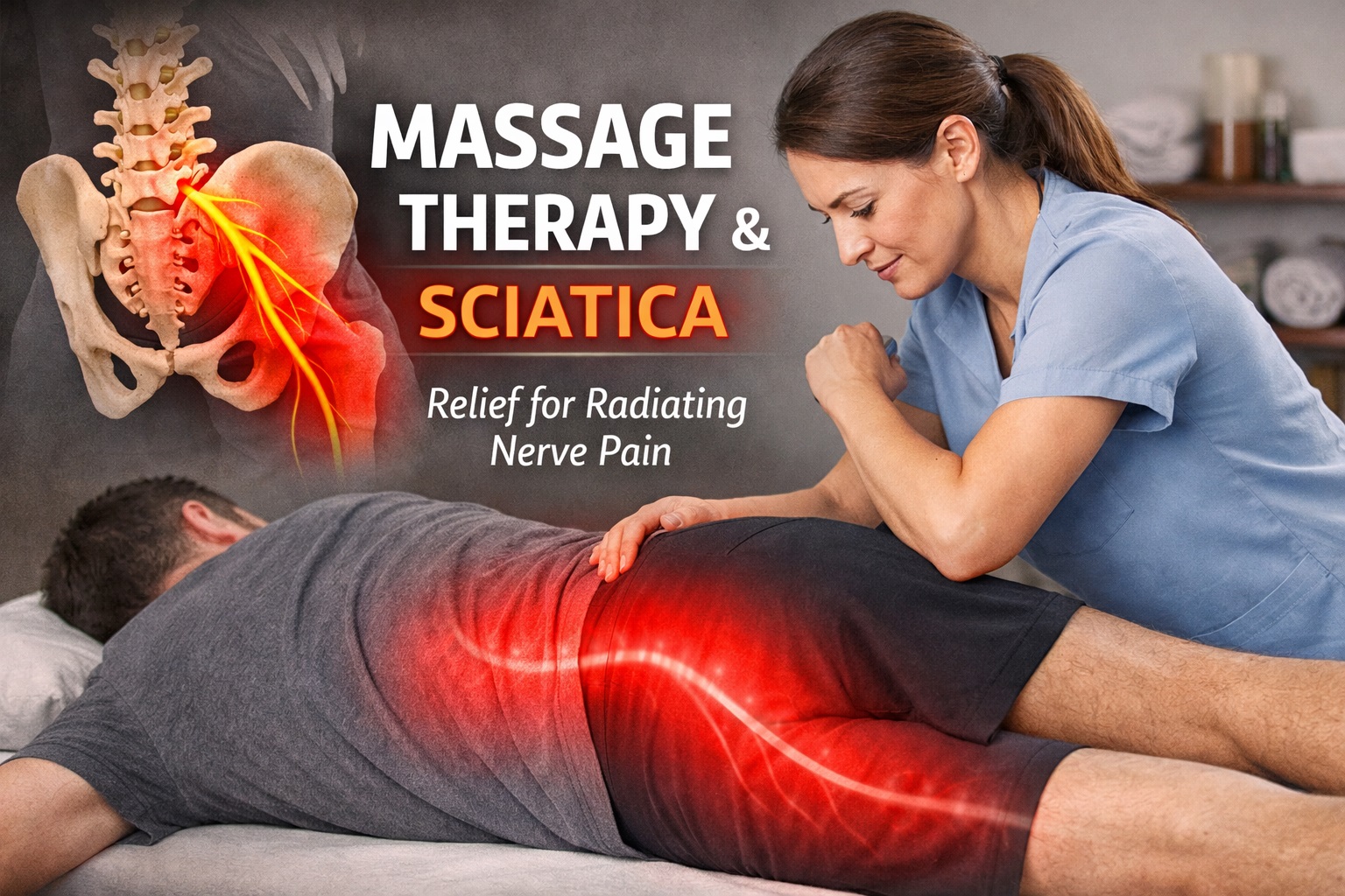 Artistic representation of a woman performing massage for sciatic relief.