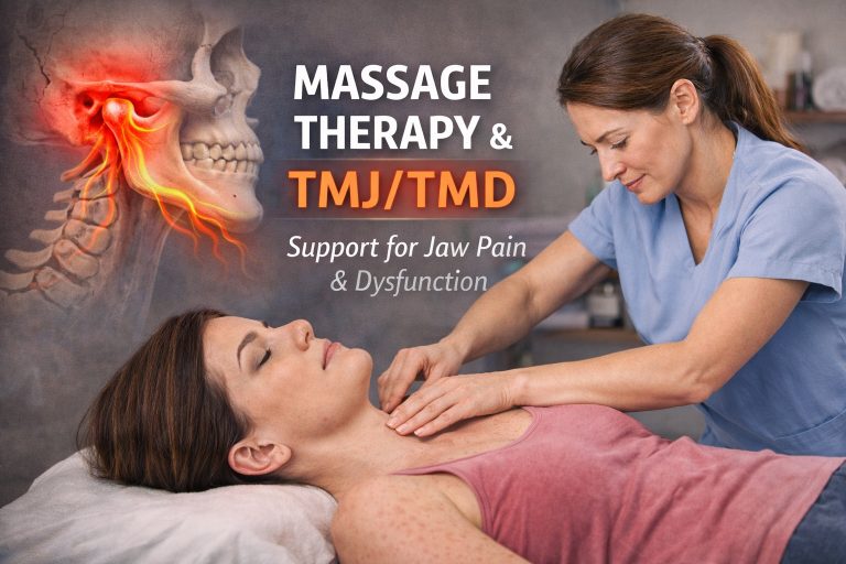 A woman with TMJD receiving massage on a table, face up.