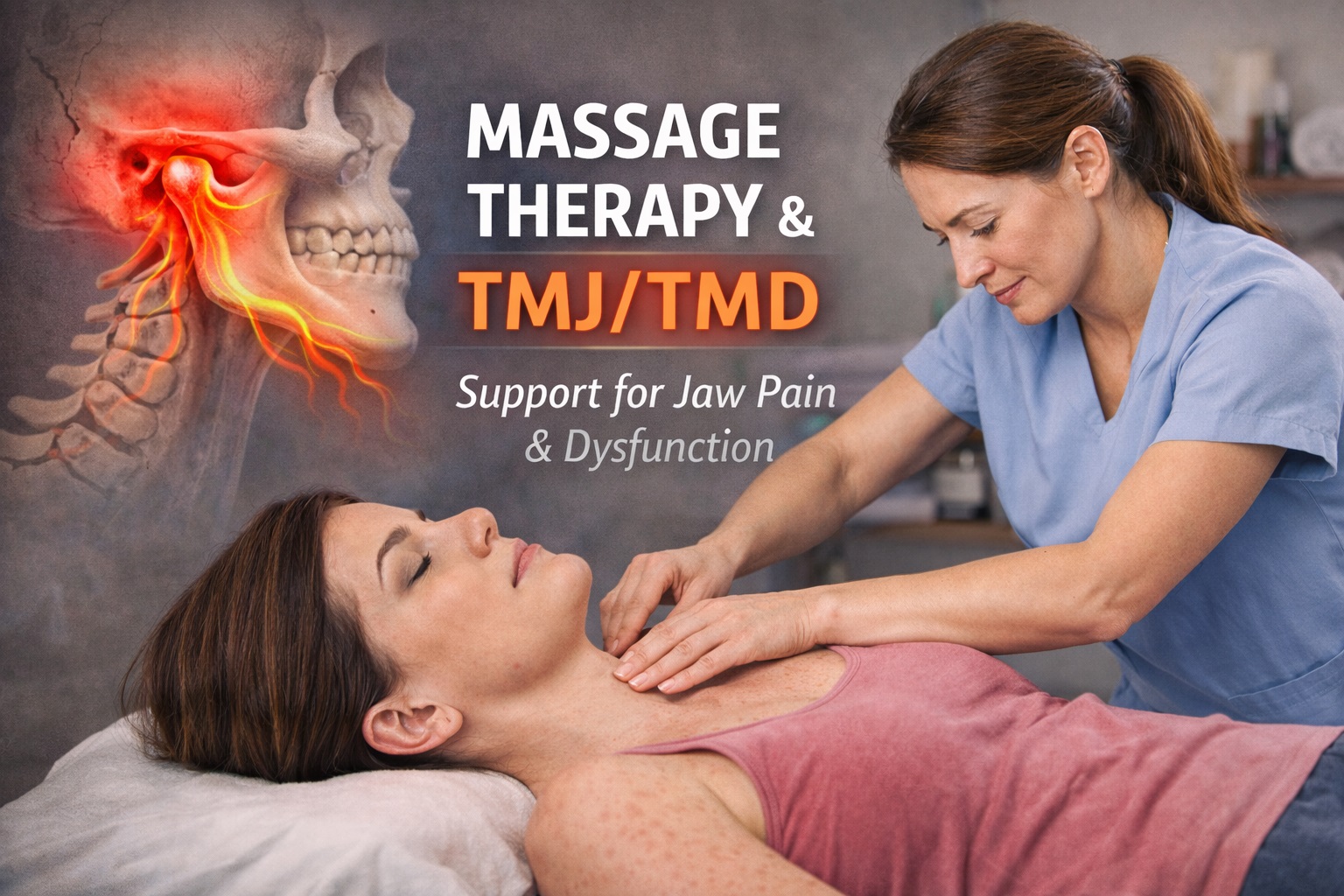 A woman with TMJD receiving massage on a table, face up.