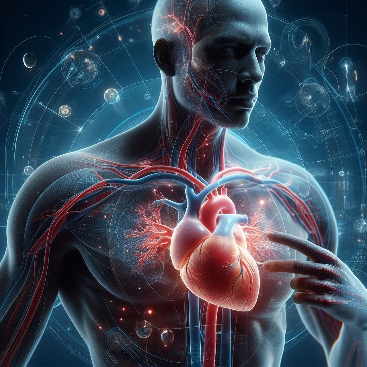 A digital art image of a human heart and circulatory system