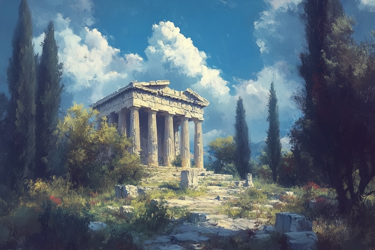 A painting of Greek ruins.