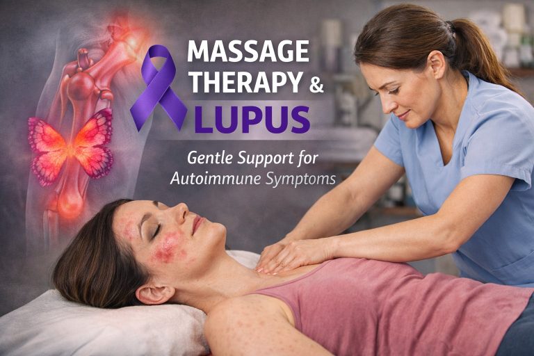 A woman performing massage therapy on a client with a Malar rash caused by Lupus.