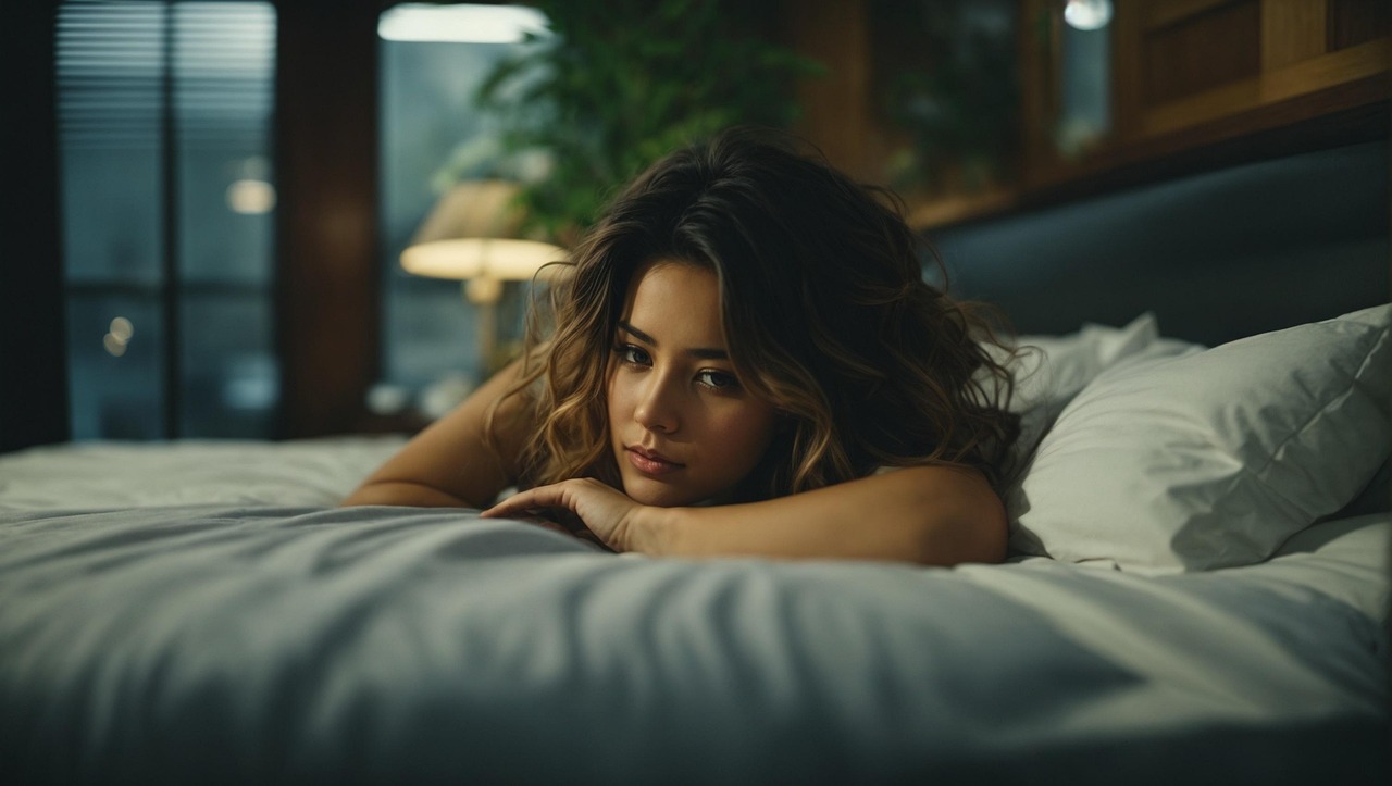 Picture of a young woman on the bed, looking awake and miserable.