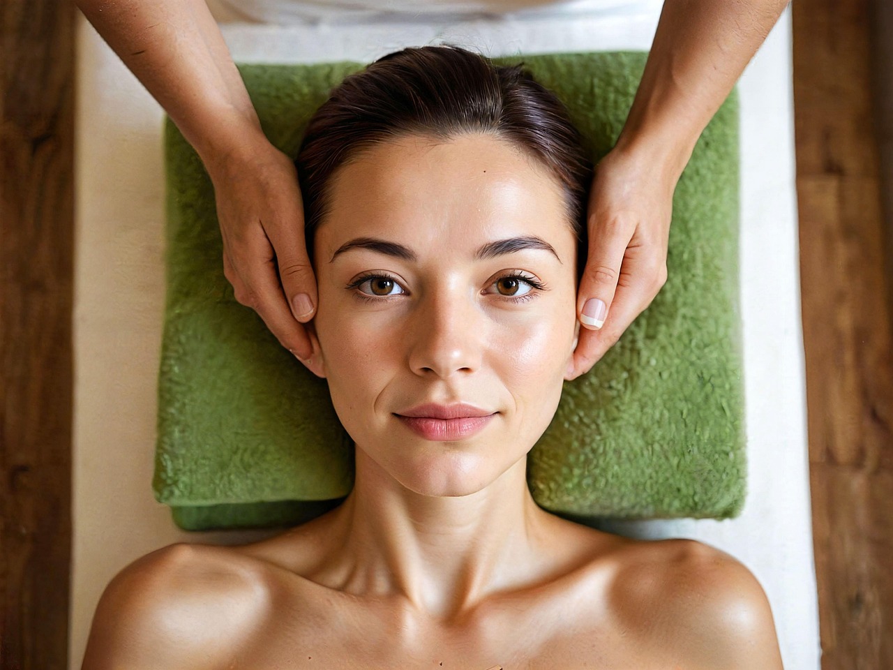 A young woman getting a massage on a table, face up.