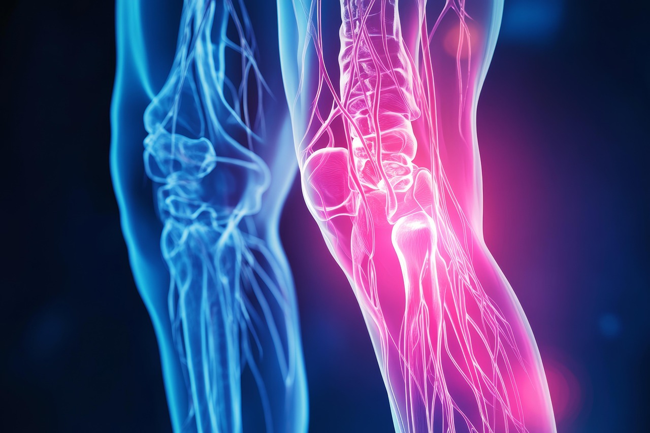 A digital art representation of an x-ray showing a knee injury.